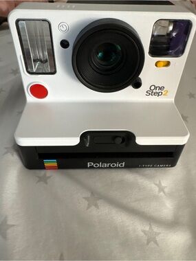 Polaroid OneStep2 Instant Camera in White with Black Base and Rainbow Accent